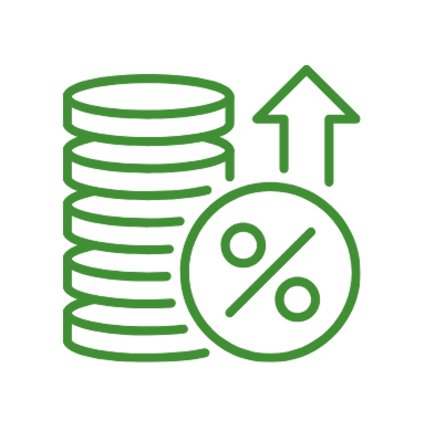 Green icon showing a stack of coins next to a percentage symbol and an upward arrow
