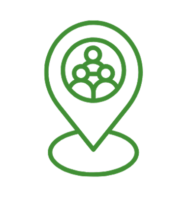 Green map pin icon containing silhouettes of a group of people